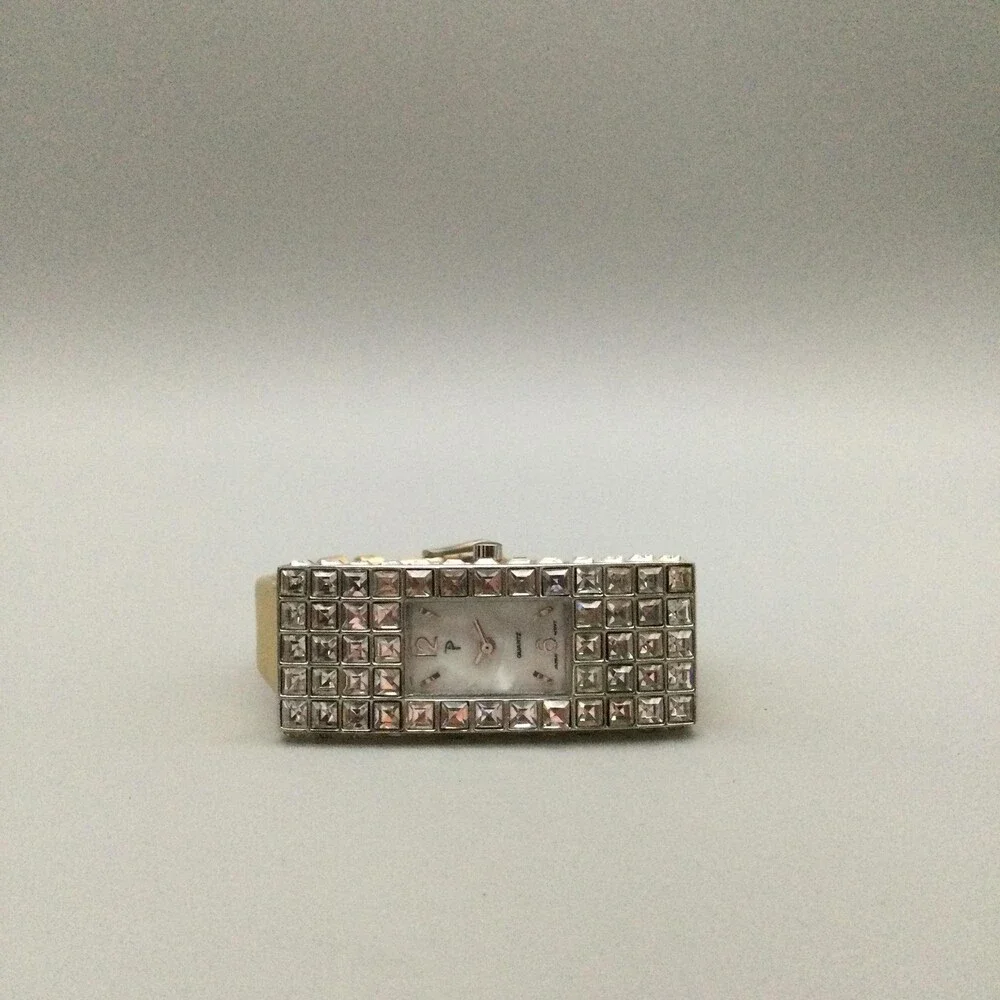 Crystal Bezel Womens Watch 20mm Silver Tone Case Gold Leather MOP New Battery